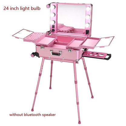NEW Professional Rolling Cosmetic Case Beauty Makeup Trolley Suitcase LED Light Mirror Luggage Aluminum Frame Folding Table