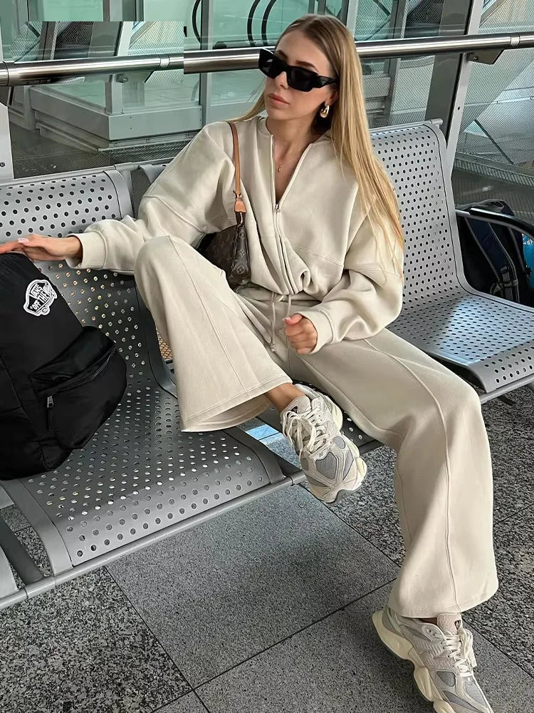 2024 Autumn Women's Thick Hoodie Coat + Drawstring High Waist Loose Casual Pants Set Lined Fleece Woman's Clothing Street