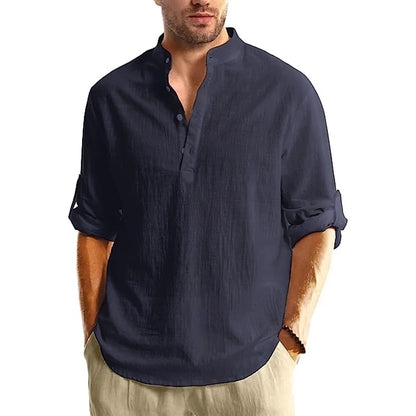 Men's Cotton Long Sleeve Henley Shirt Stand Collar Button Closure