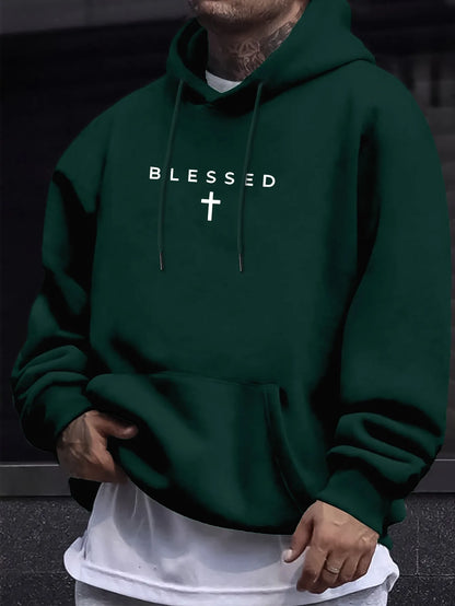 A Men's Casual Hooded Sweater With Blessing Cross Design and Geometric Patterns in a Regular Fit Suitable for Spring and Autumn