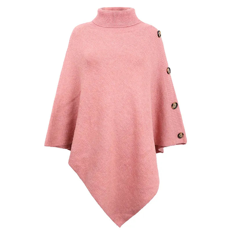 2023 Autumn Winter Button Poncho Women Sweater Oversized Turtleneck Jumper Knitwear Holiday Vintage Cape Batwing Sleeve Ponczo
