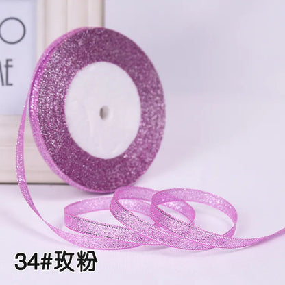 25Yards 6mm Silver Gold Glitter Silk Satin Ribbon Party Home Wedding Decoration Gift Wrapping Christmas Halloween DIY Material