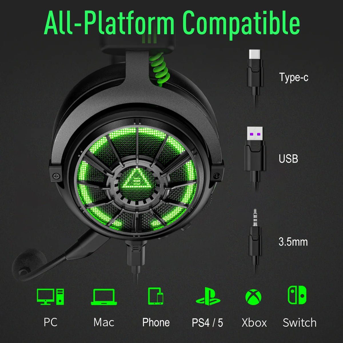 EKSA E5000 Pro Gaming Headphones 7.1 Surround Sound Wired Headset 50mm Drivers ENC Mic USB Type-C 3.5mm Detachable PC PS4 Xbox