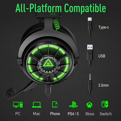 EKSA E5000 Pro Gaming Headphones 7.1 Surround Sound Wired Headset 50mm Drivers ENC Mic USB Type-C 3.5mm Detachable PC PS4 Xbox