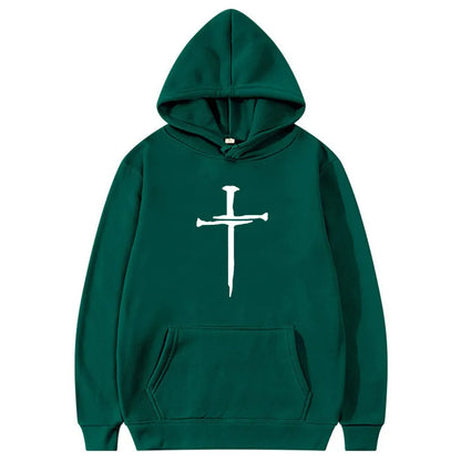 Men's Cross Graphic Hoodie - Black Casual Pullover Sweatshirt With Religious Symbol Print, Fashion Streetwear for Autumn/Winter