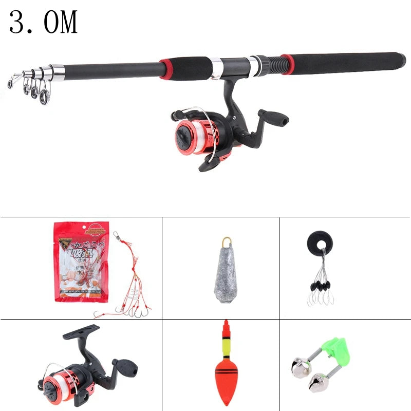 2.1m 2.7m 3m Fishing Rod Reel Line Combo Full Kits Spinning Reel Pole Set With Carp Fishing Lures Fishing Float Hooks Beads