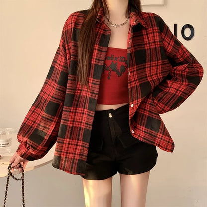 Black Flannel Shirt for Women Long Sleeve Collared Button-Up Tartan Plaid Shirt Jacket  Teen-Girl Casual Everyday Outfit