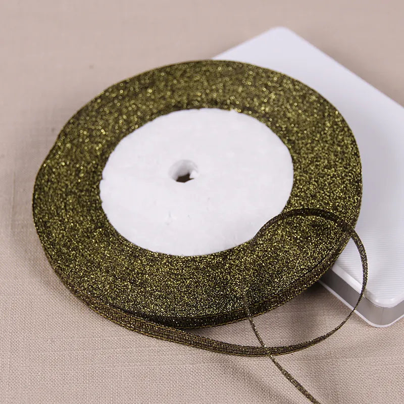 25Yards 6mm Silver Gold Glitter Silk Satin Ribbon Party Home Wedding Decoration Gift Wrapping Christmas Halloween DIY Material