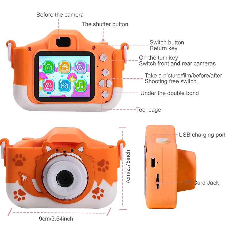 X5S Kids Digital Camera HD 1080P 20MP Children Fox Camera USB Charger Built-In Game Camera Shockproof Silicone Protection Cover