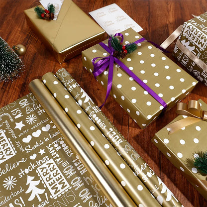 17" X 120" Wrapping Paper Roll Gold Dots Metallic Color With Snowflake Xmas Tree Gifts Pattern for Christmas Birthday Party