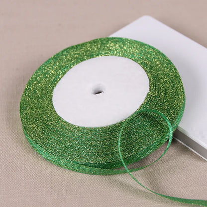 25Yards 6mm Silver Gold Glitter Silk Satin Ribbon Party Home Wedding Decoration Gift Wrapping Christmas Halloween DIY Material