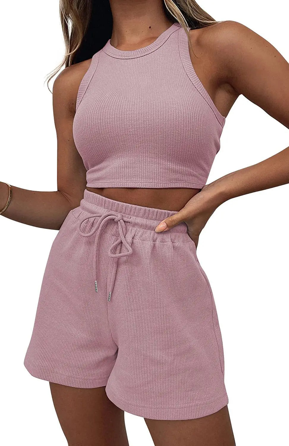 Y2k Two Piece Sets Women Vest Crop Tracksuit Tops Short Sets Beach Lace Up Elastic Waist Loose Casual Summer Set Matching Sets