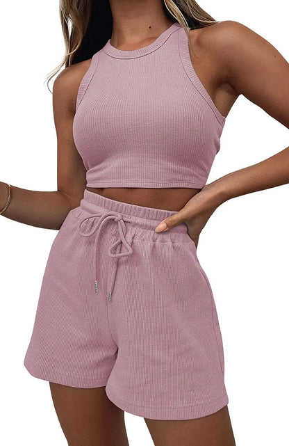 Y2k Two Piece Sets Women Vest Crop Tracksuit Tops Short Sets Beach Lace Up Elastic Waist Loose Casual Summer Set Matching Sets