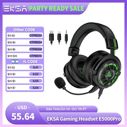 EKSA E5000 Pro Gaming Headphones 7.1 Surround Sound Wired Headset 50mm Drivers ENC Mic USB Type-C 3.5mm Detachable PC PS4 Xbox