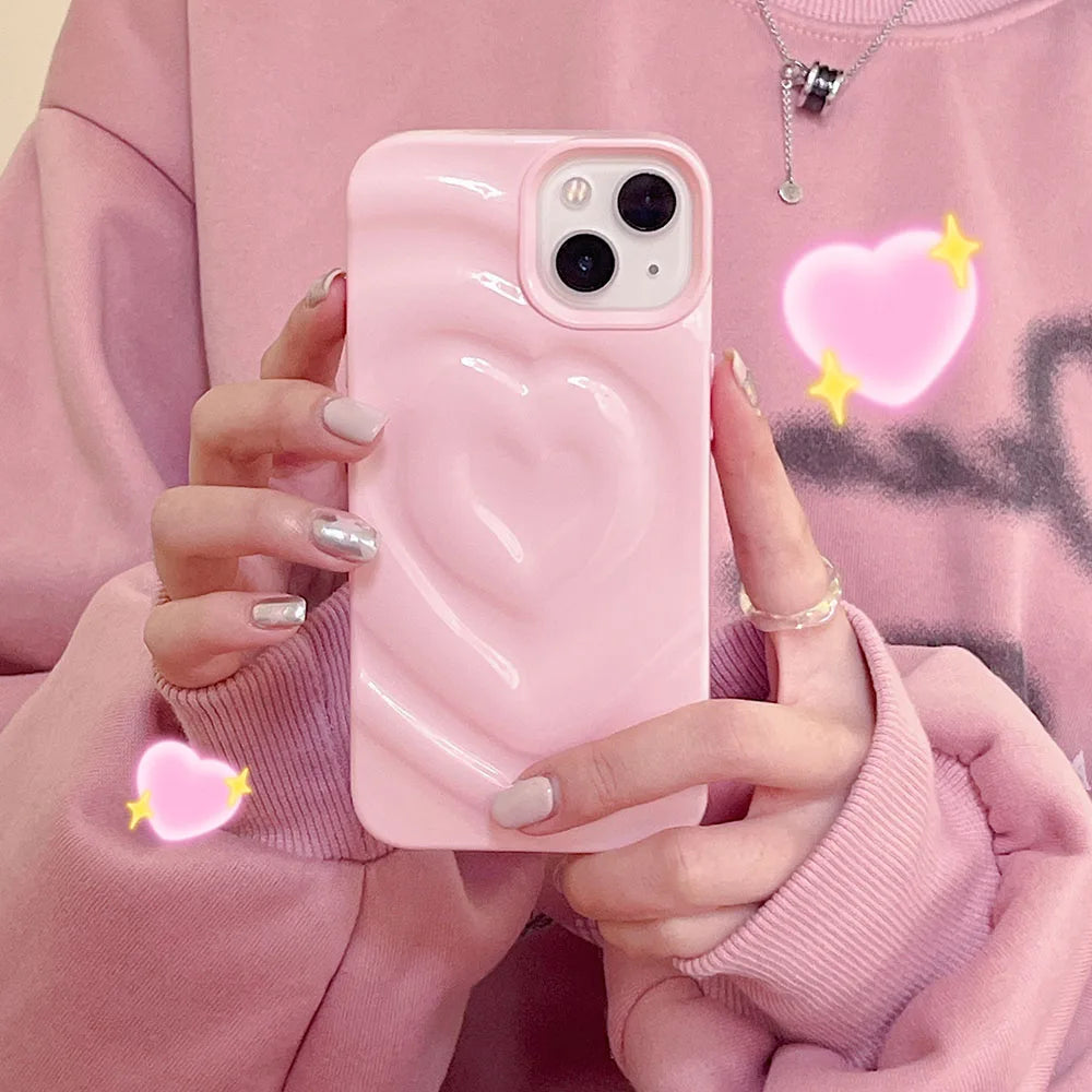 Luxury Electroplate Silver 3D Heart Water Ripple Phone Case for iPhone 14 13 12 11 15 Pro Max Cases Soft Silicone Shockproof
