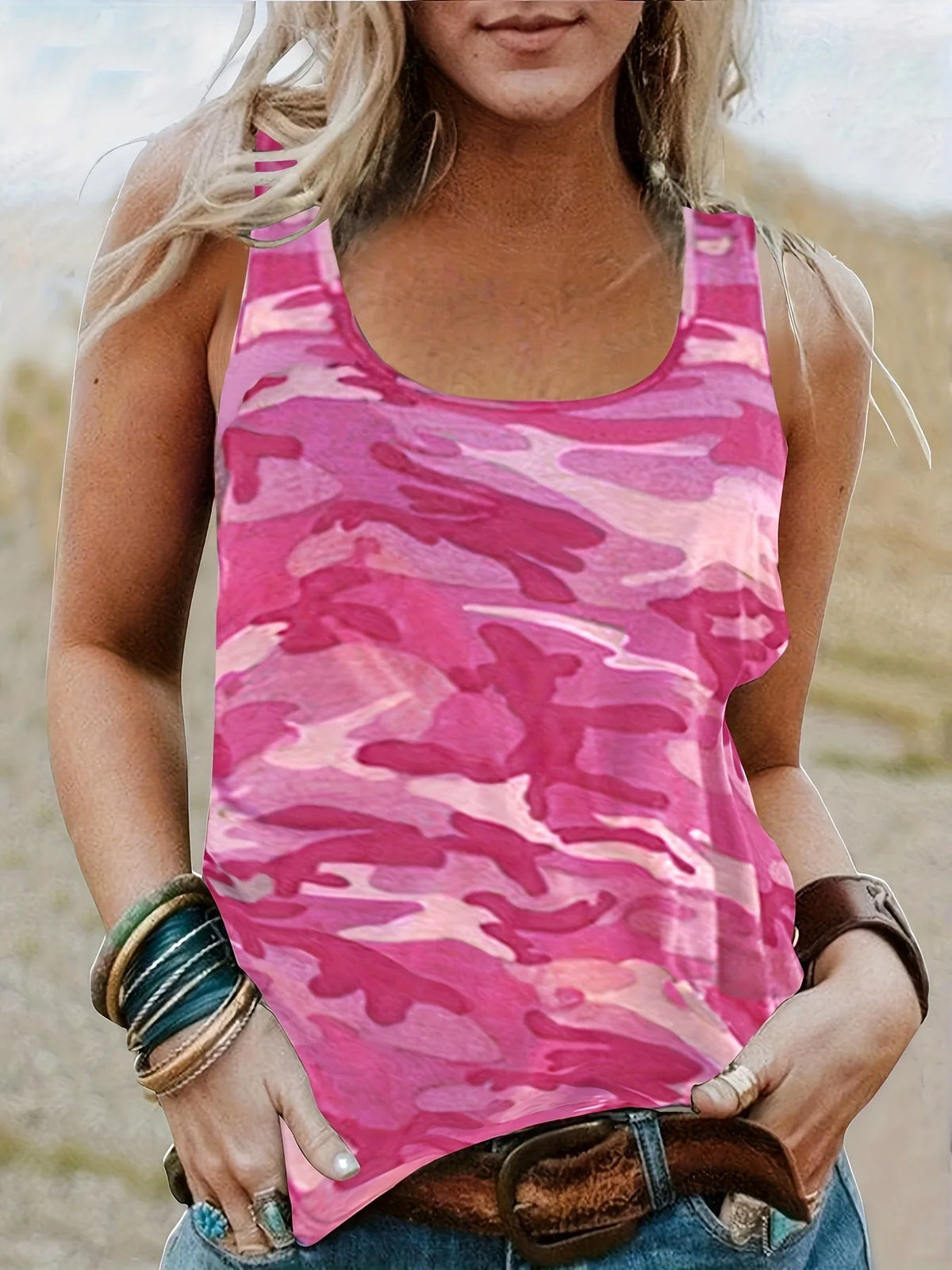 Camouflage Print O Neck Lady Vests Basic Elastic Tank Tops Casual Vintage Sleeveless Camisole Women's Clothing Summer 2024 Trend
