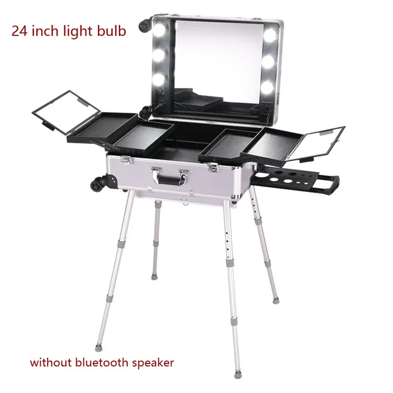 NEW Professional Rolling Cosmetic Case Beauty Makeup Trolley Suitcase LED Light Mirror Luggage Aluminum Frame Folding Table