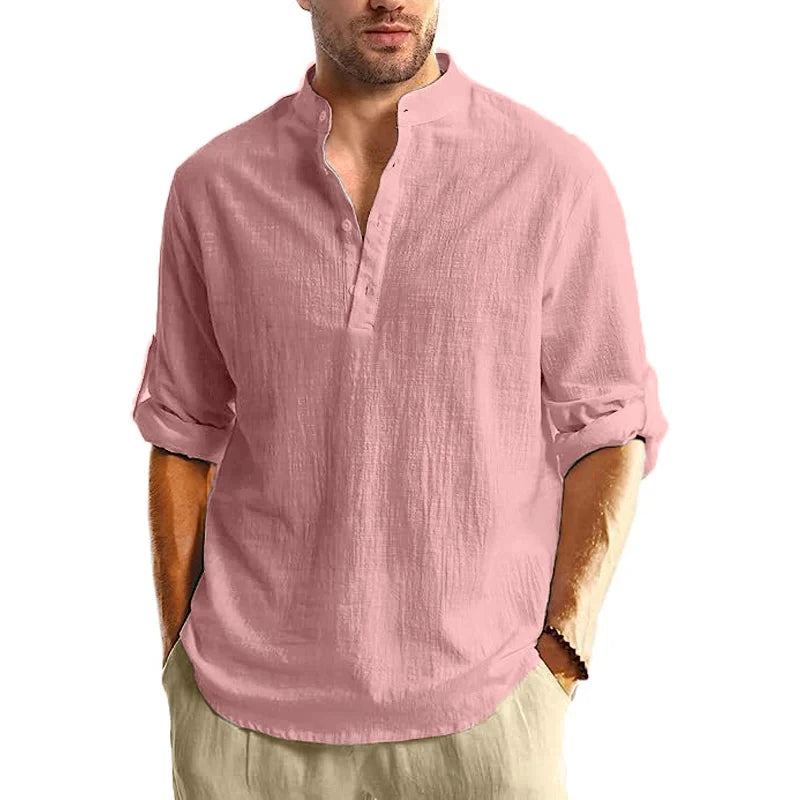 Men's Cotton Long Sleeve Henley Shirt Stand Collar Button Closure