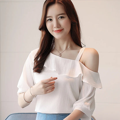 Women's Shirt Tops One-Shoulder Ruffles Short-Sleeved Chiffon Blouse