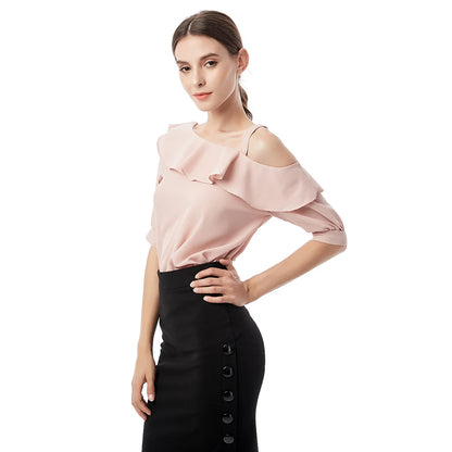 Women's Shirt Tops One-Shoulder Ruffles Short-Sleeved Chiffon Blouse