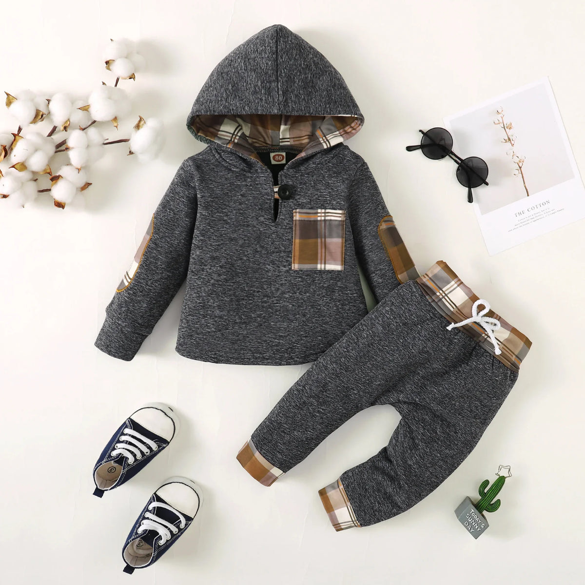 Winter Toddler  Boy    Hoodie Clothes  Baby  Outfits, Little Boys Plaid  Spliced  Long-Sleeved  With  Pants  2PCS  Clothing  Set