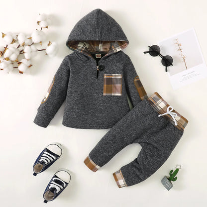 Winter Toddler  Boy    Hoodie Clothes  Baby  Outfits, Little Boys Plaid  Spliced  Long-Sleeved  With  Pants  2PCS  Clothing  Set