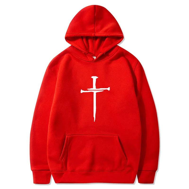 Men's Cross Graphic Hoodie - Black Casual Pullover Sweatshirt With Religious Symbol Print, Fashion Streetwear for Autumn/Winter
