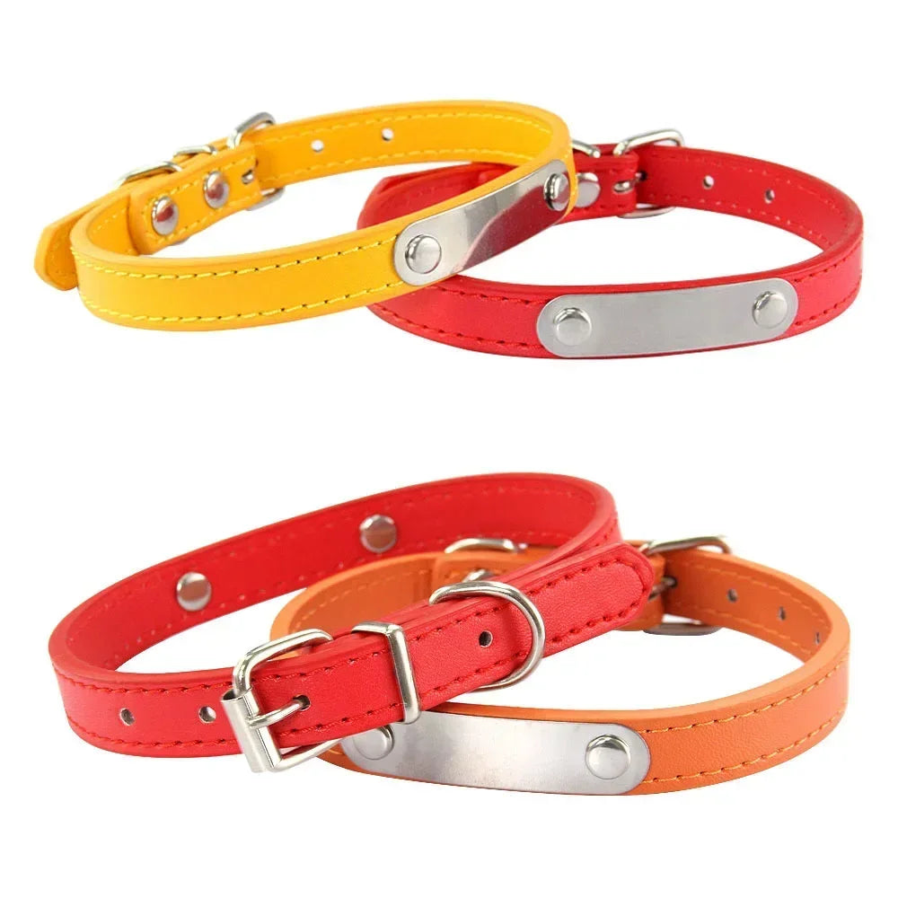 Personalized Dog Collar Name Carved ID Anti-Lost Solid PU Leather Collar for Small Medium Large Dogs Puppy Cat Pet Supplies Pink