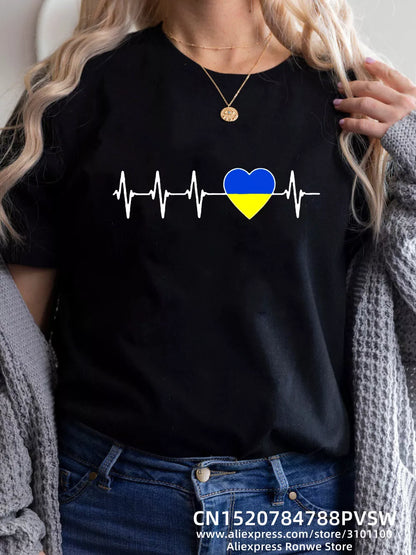 Heartbeat Blue Yellow Women Print T-Shirt Girl Y2K Short Sleeve Tee Tops Lady 90S Sweetshirts Female Harajuku Clothing