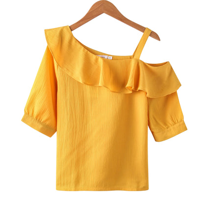 Women's Shirt Tops One-Shoulder Ruffles Short-Sleeved Chiffon Blouse