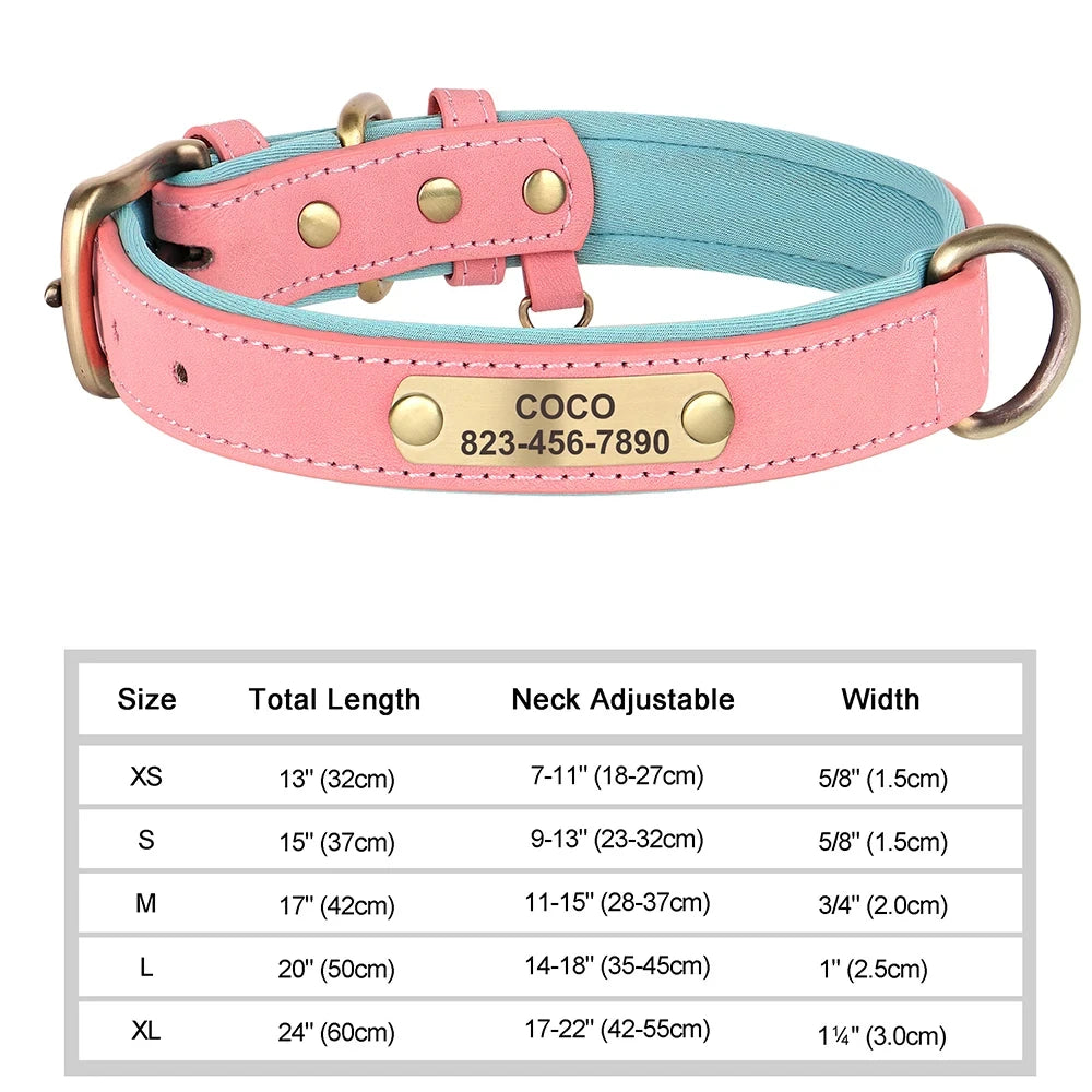 Personalized Customized Leather ID Nameplate Dog Collar Soft Padded Dogs Collars Free Engraving Name for Small Medium Large Dogs