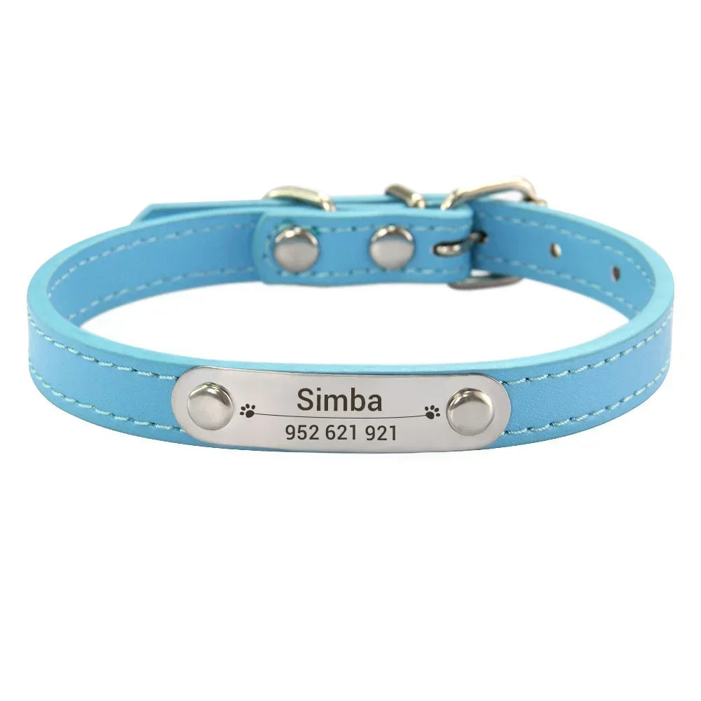 Personalized Dog Collar Name Carved ID Anti-Lost Solid PU Leather Collar for Small Medium Large Dogs Puppy Cat Pet Supplies Pink