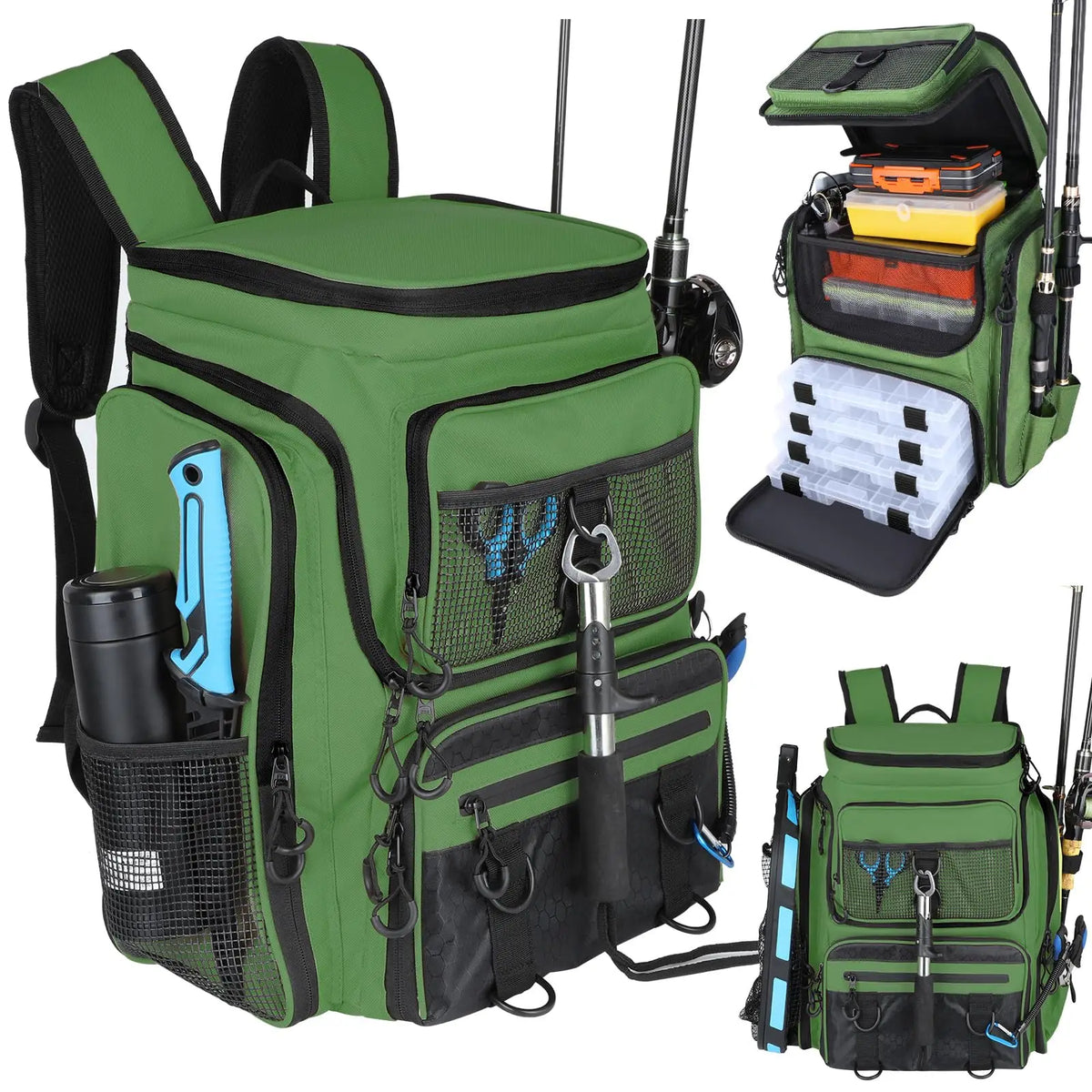 Fishing Backpack With Rod Holder 42L Large Water-Resistant Fishing Tackle Bag With 4 Tackle Boxes Store Fishing Gear for Fishing