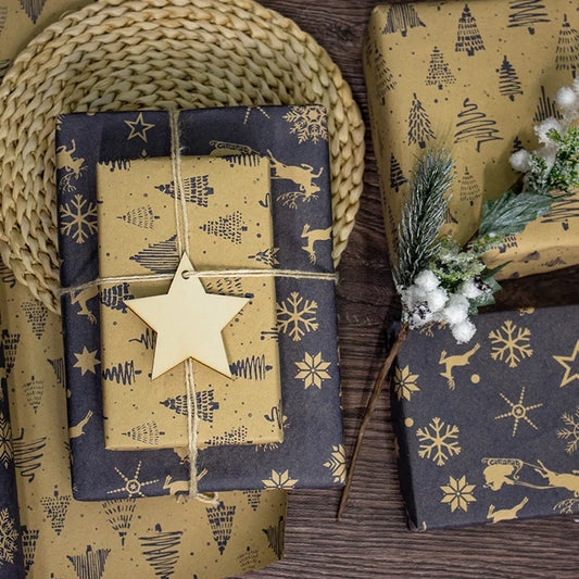 17" X 120" Blue Double Sided Printing Christmas Reindeer Tree Design Kraft for Xmas Wrapping Paper Sheets