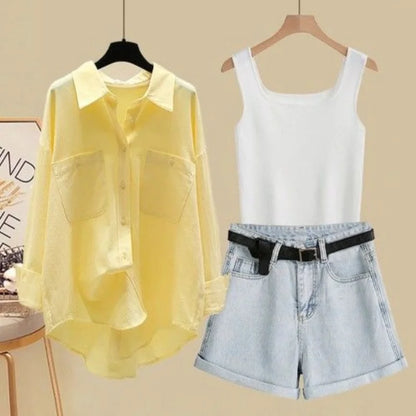 Spring/Summer Set Women's 2024 New Korean Fashion Sunscreen Shirt Casual Tank Top Slimming Denim Shorts Three Piece Set