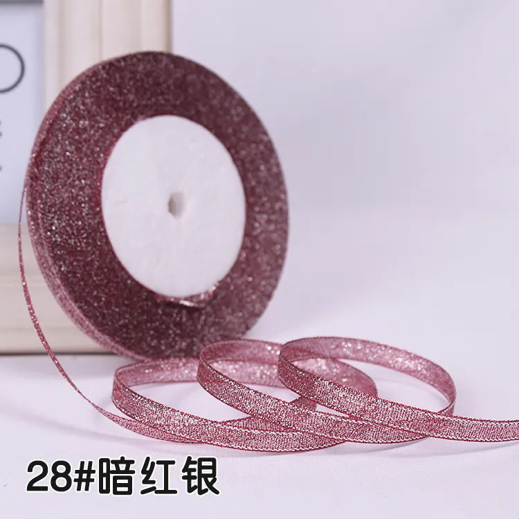25Yards 6mm Silver Gold Glitter Silk Satin Ribbon Party Home Wedding Decoration Gift Wrapping Christmas Halloween DIY Material