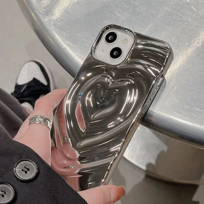 Luxury Electroplate Silver 3D Heart Water Ripple Phone Case for iPhone 14 13 12 11 15 Pro Max Cases Soft Silicone Shockproof