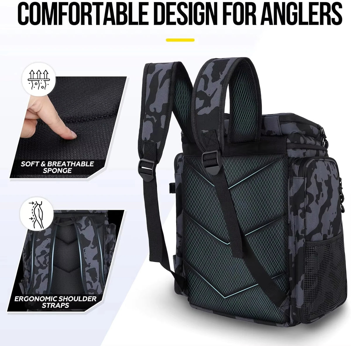 Fishing Backpack With Rod Holder 42L Large Water-Resistant Fishing Tackle Bag With 4 Tackle Boxes Store Fishing Gear for Fishing