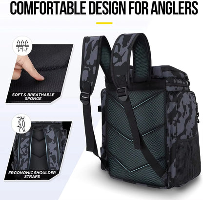 Fishing Backpack With Rod Holder 42L Large Water-Resistant Fishing Tackle Bag With 4 Tackle Boxes Store Fishing Gear for Fishing