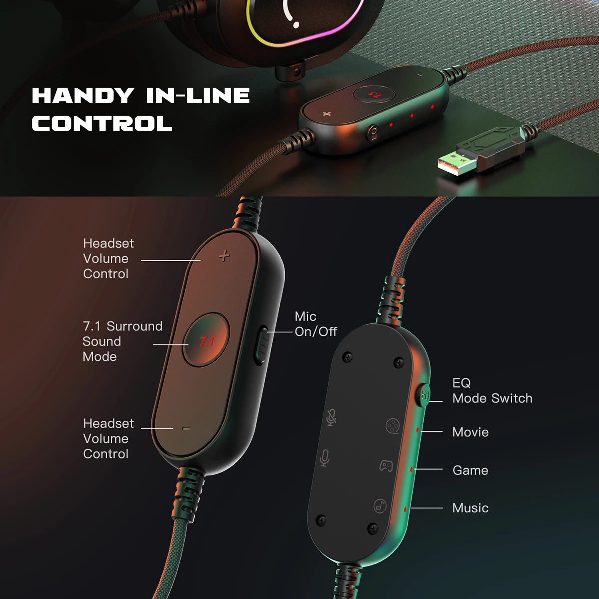 Fifine Dynamic RGB Gaming Headset With Mic Over-Ear Headphones 7.1 Surround Sound PC PS4 PS5 3 EQ Options Game Movie Music