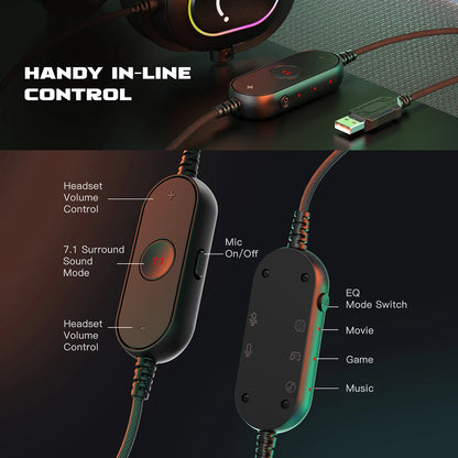 Fifine Dynamic RGB Gaming Headset With Mic Over-Ear Headphones 7.1 Surround Sound PC PS4 PS5 3 EQ Options Game Movie Music
