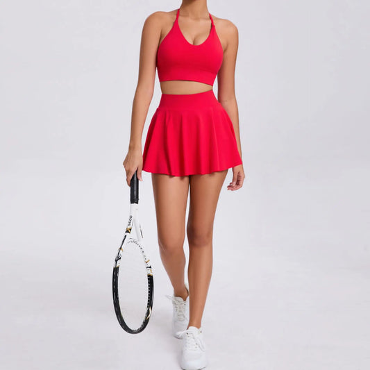 Yoga Set Casual Outdoor Bra Tennis Short Skirt Anti-Light Running Pocket Fitness Suit Breathable Yoga Tank Top Tennis Suit Set