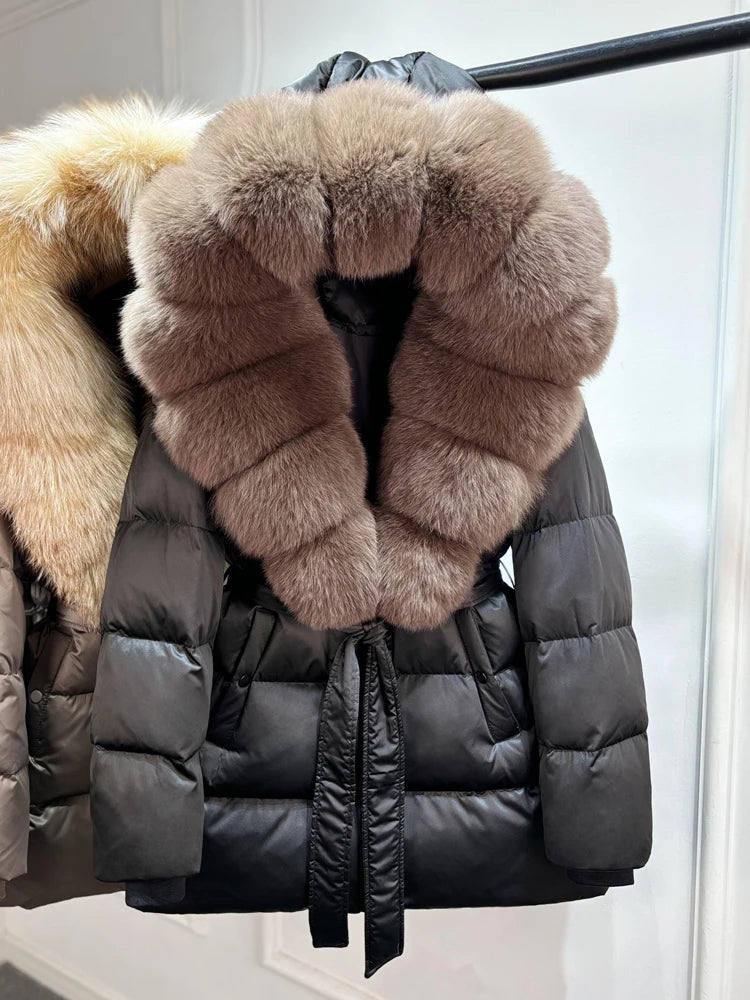 2025 New Natural Thick Warm 90% White Goose Down Coat Long Winter Jacket Women Real Big Fox Fur Collar Belt Loose Puffer Parka