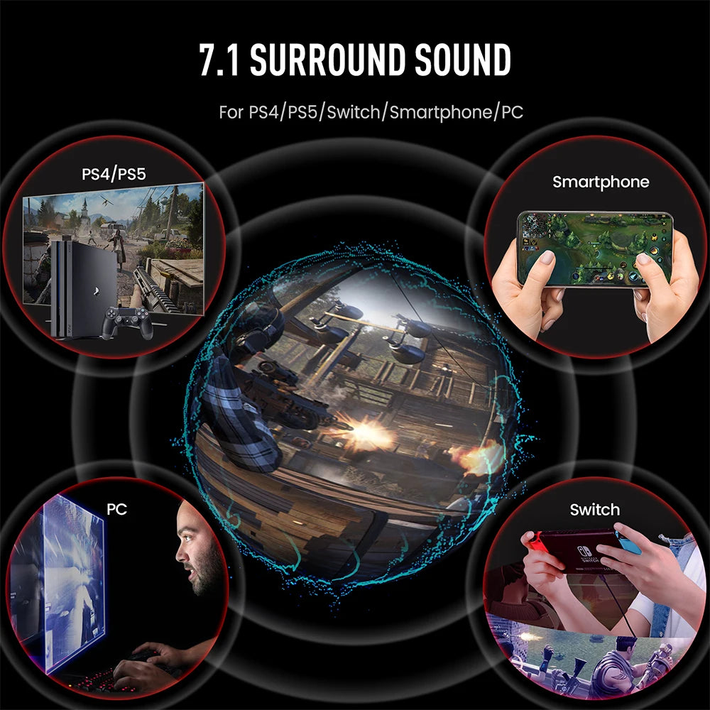 EKSA E5000 Pro Gaming Headphones 7.1 Surround Sound Wired Headset 50mm Drivers ENC Mic USB Type-C 3.5mm Detachable PC PS4 Xbox