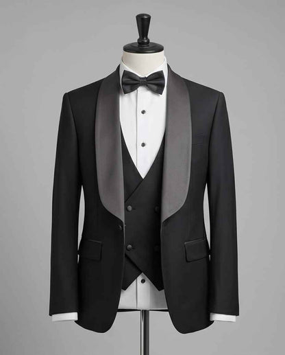 Classic Black Shawl Collar Tuxedo With Double-Breasted Vest