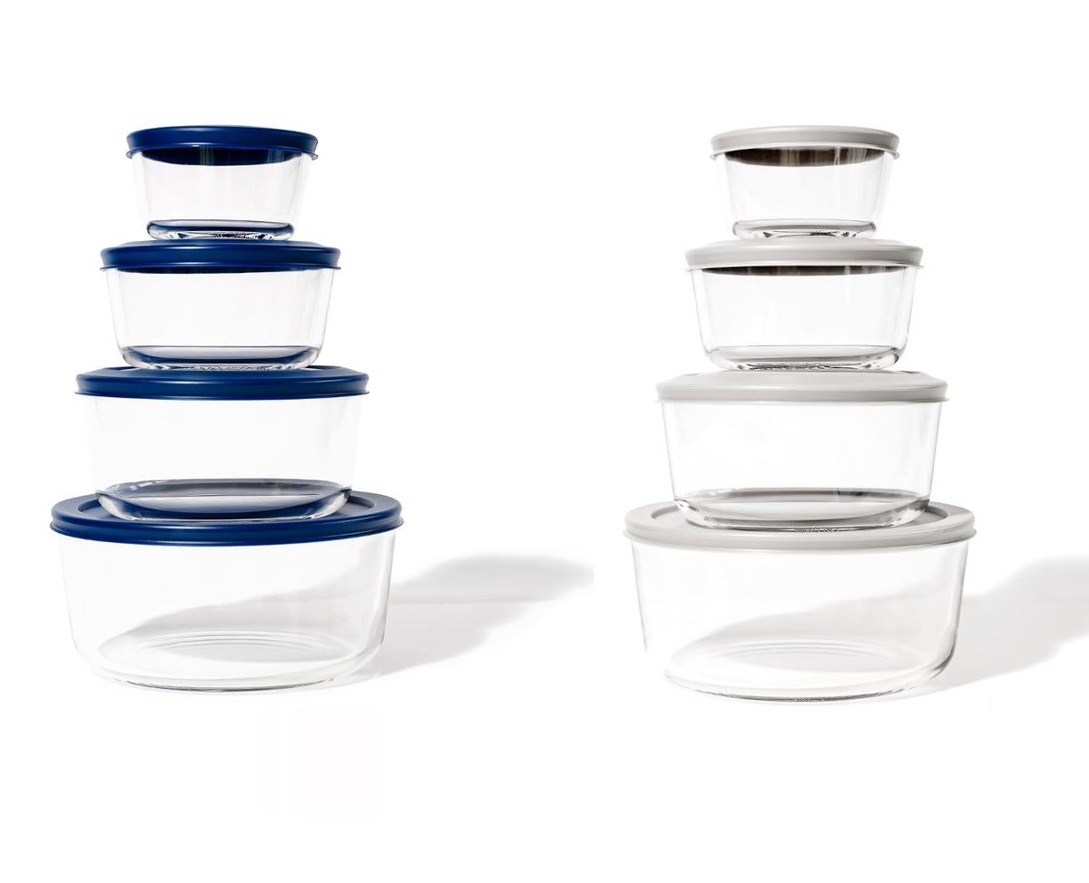 16 Piece Set (8 Containers + 8 Lids) Round Nesting Glass Storage Containers, Blue