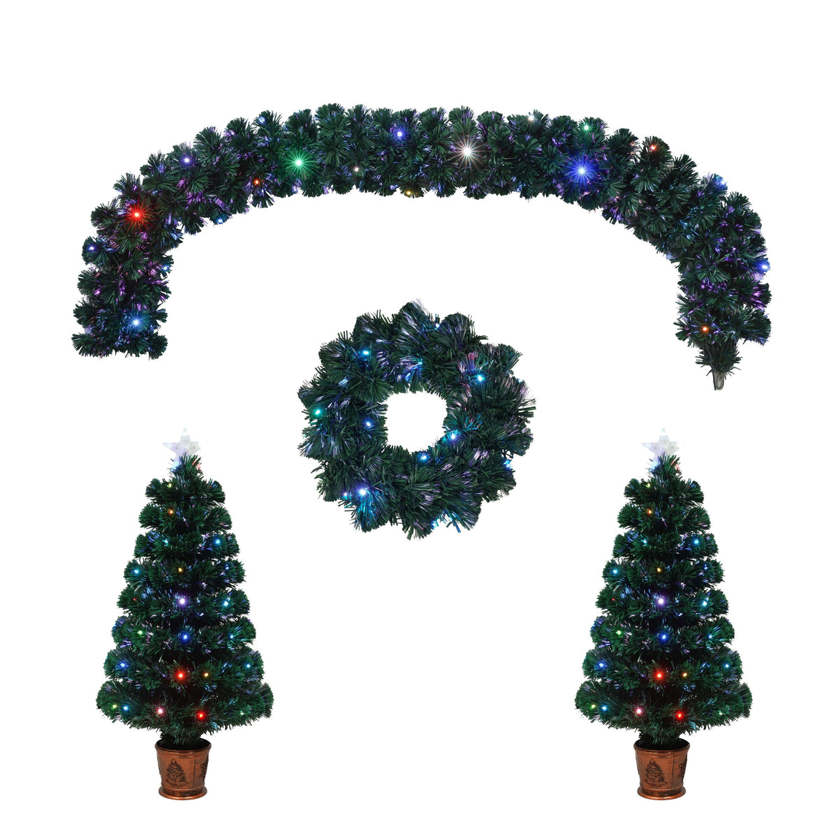 Pre-Lit Optical Fiber Christmas Artificial Tree 4-Piece Set, Christmas Garland, Wreath and Set of 2 Entrance Trees With