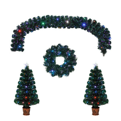 Pre-Lit Optical Fiber Christmas Artificial Tree 4-Piece Set, Christmas Garland, Wreath and Set of 2 Entrance Trees With
