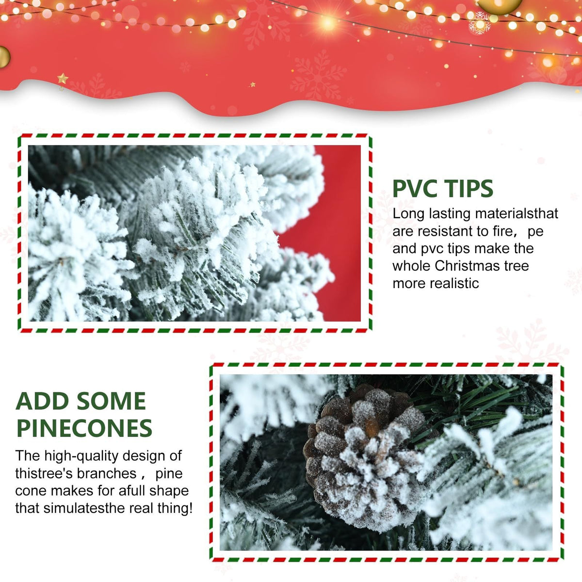 6FT Snow-Flocked Artificial Christmas Tree With Pine Cones, Prelit Xmas Trees, Hinged Easy Assembly & Reinforced Metal B