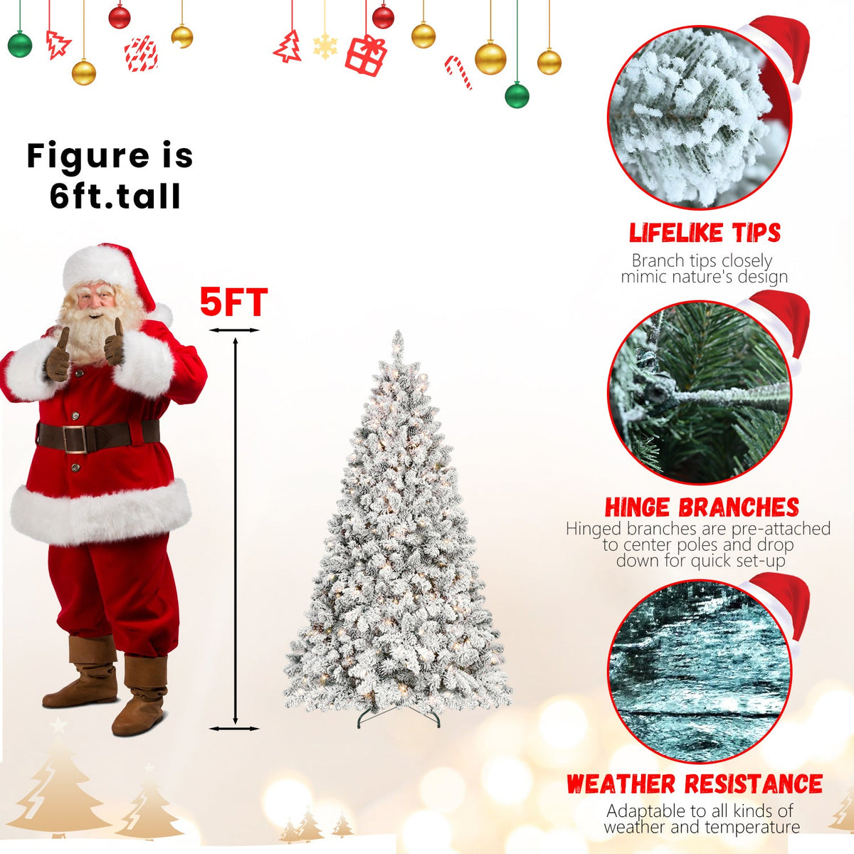 6FT Snow-Flocked Artificial Christmas Tree With Pine Cones, Prelit Xmas Trees, Hinged Easy Assembly & Reinforced Metal B